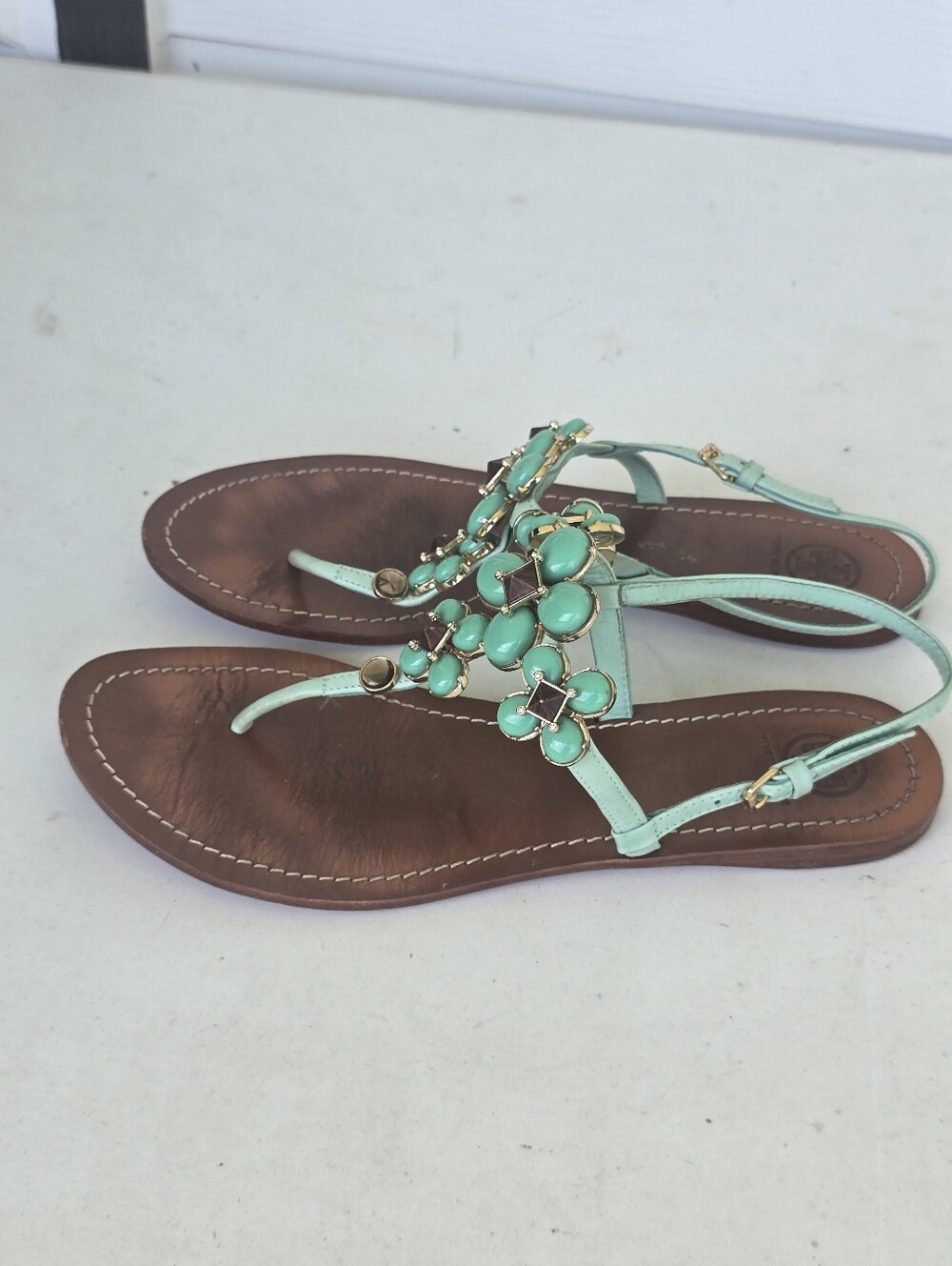 Tory Burch Mint Green Jeweled Floral Thong Sandals Leather Size 9.5M - Picture 9 of 10